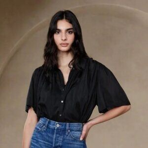 New Banana Republic Tall‎ Large Black Rosalie Cotton Silk Flowy Top Blouse $90